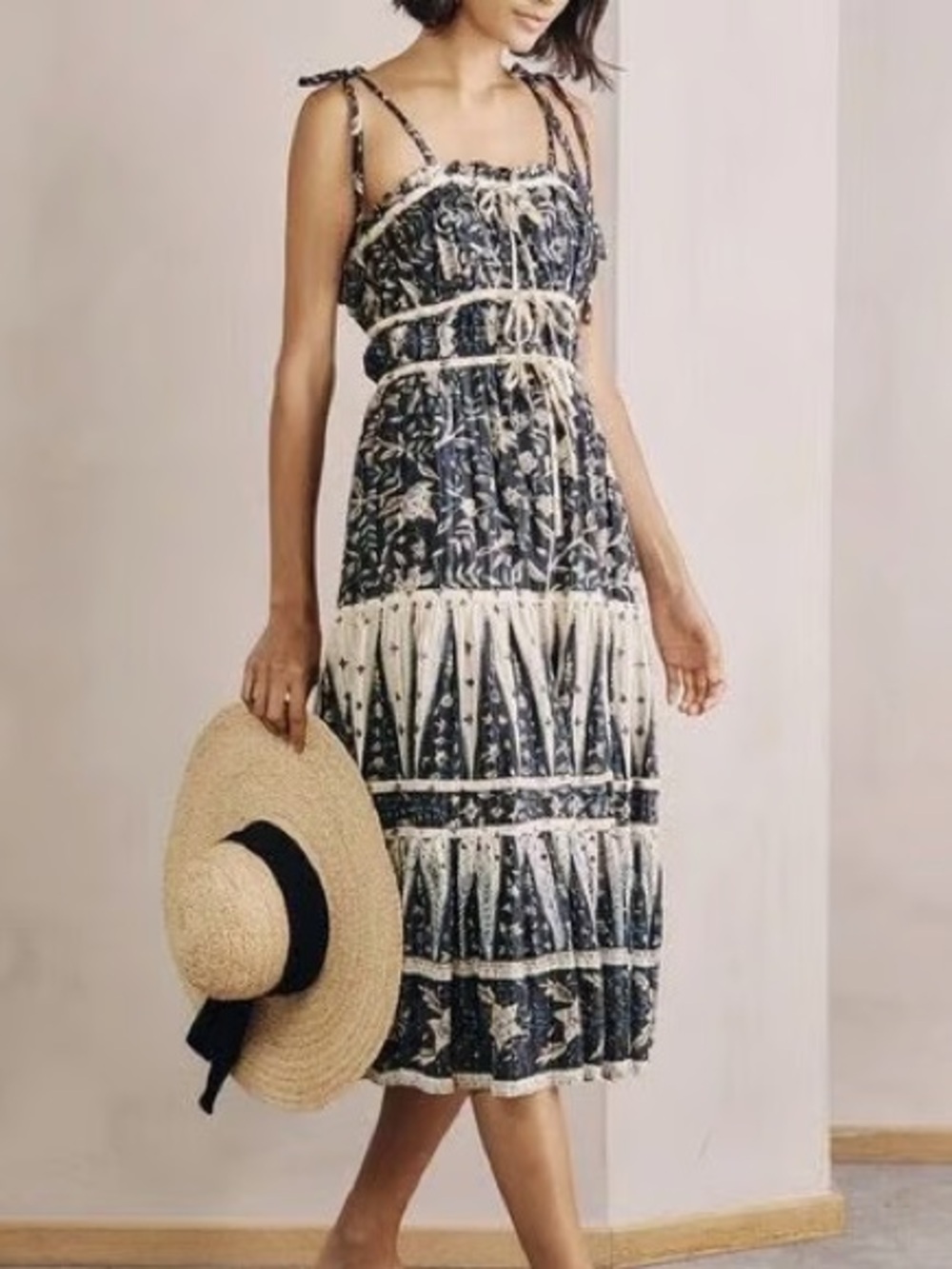 Christian Lacroix Bohemian Navy and Cream Tiered Midi Dress with Tie Details - Picture 2 of 11